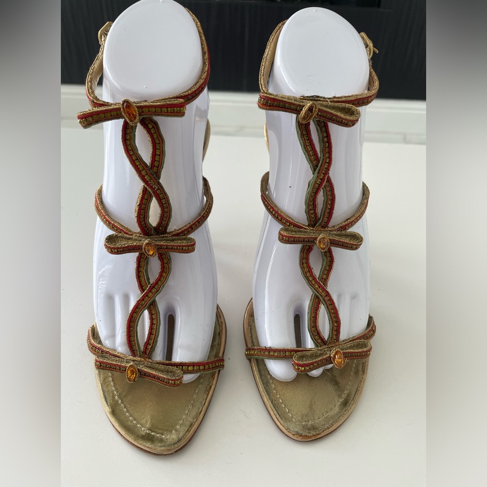 RENE CAOVILLA GREEN/RED ANKLE STRAP HIGH HEELS EU 37.5 US 7.5